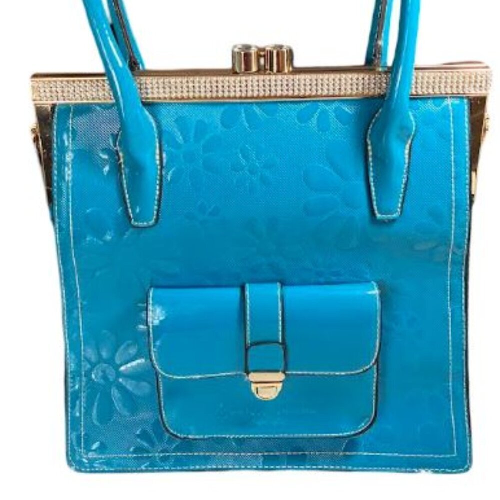 Vintage Candace Christian Napa Valley Patent Leather Large Turquois Tote EUC - Picture 2 of 14